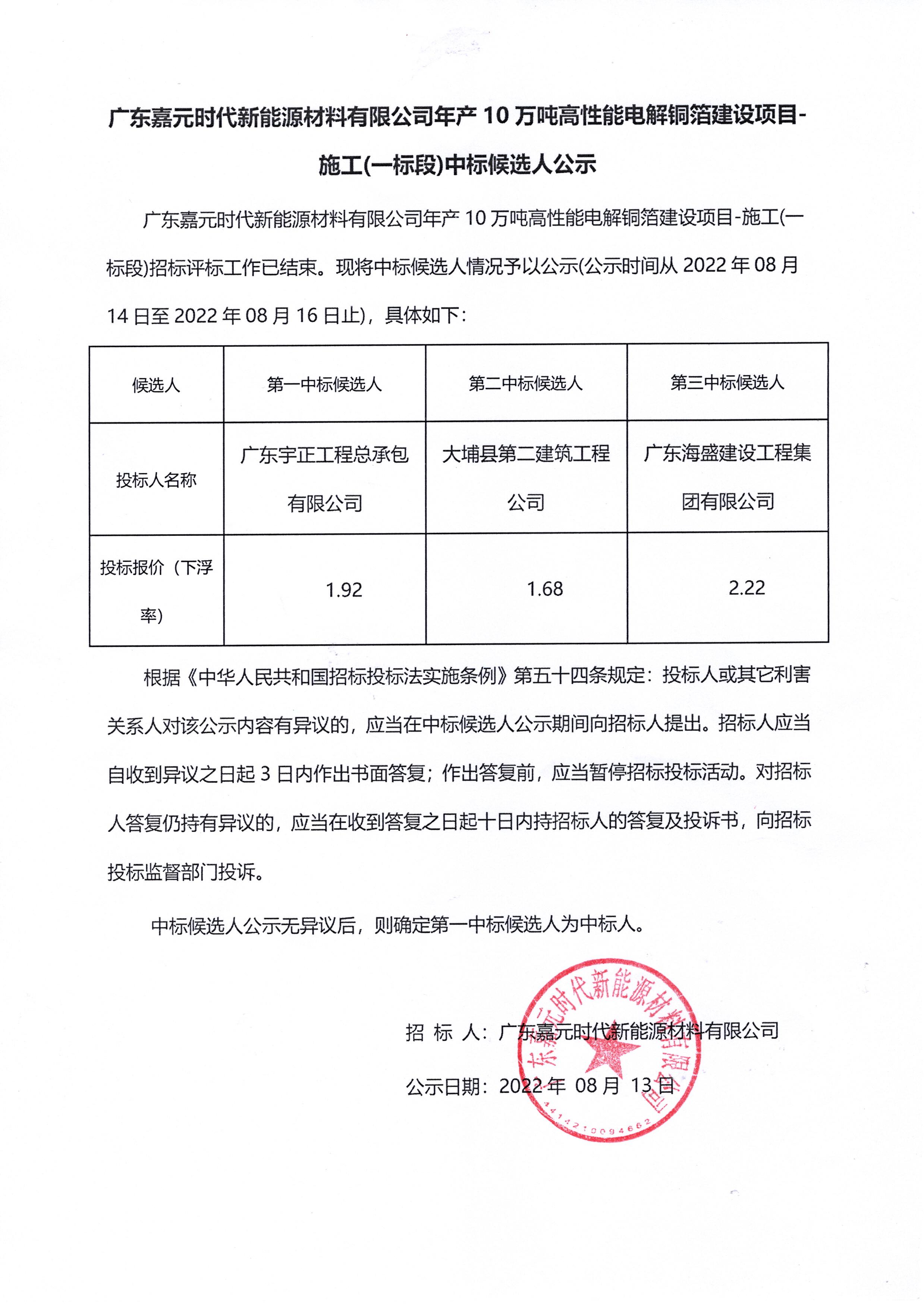 广东凯发com时期新能源资料有限公司年产10万吨高机能电解铜箔建设项目-施工(一标段)中标候选人公示.jpg