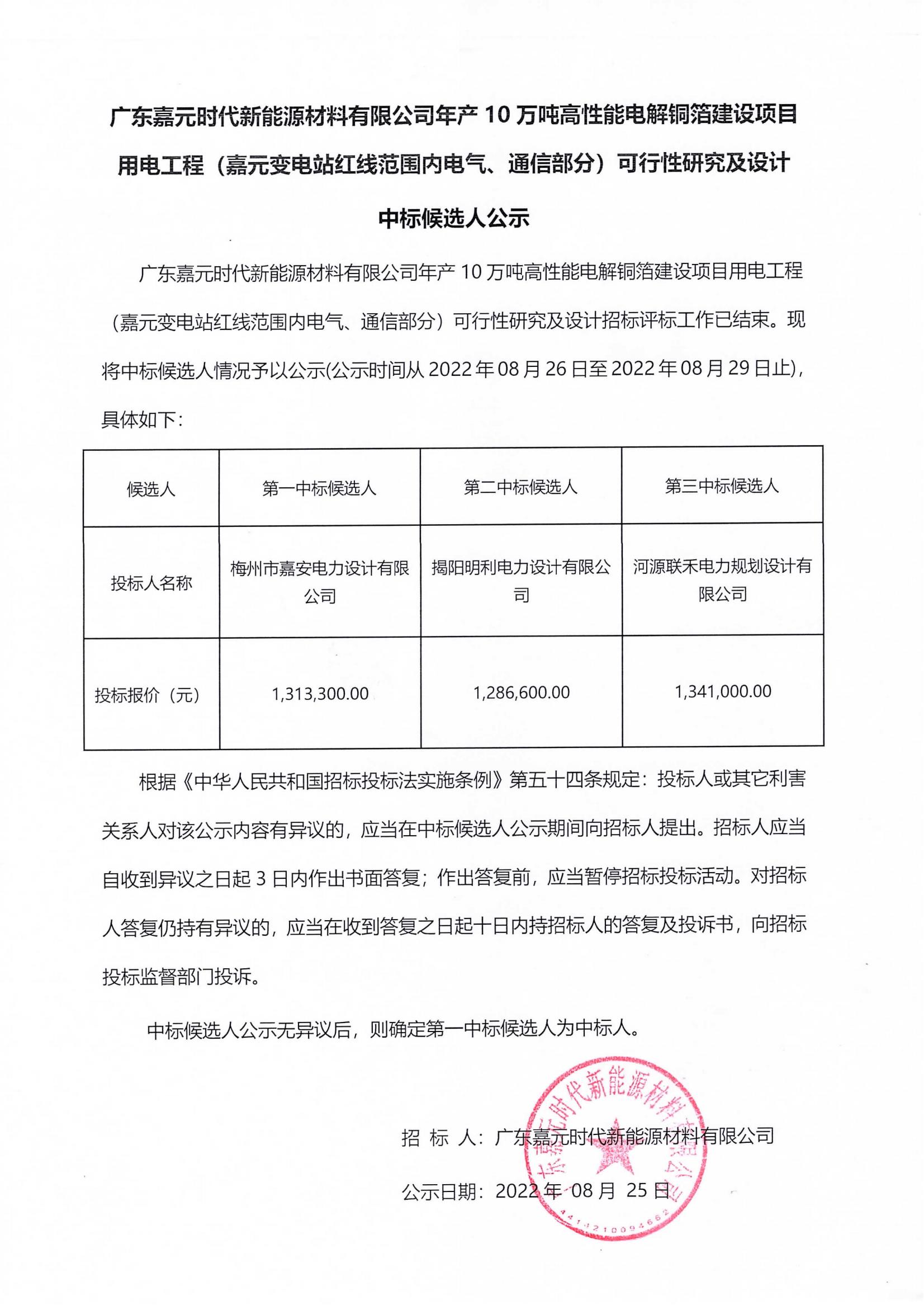 广东凯发com时期新能源资料有限公司年产10万吨高机能电解铜箔建设项目用电工程（凯发com变电站红线领域内电气、、通讯部门）可行性钻研及设计中标候选人公示_00.jpg